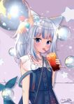  1girl :d animal_ears bag bangs belt blunt_bangs bubble bubble_tea cat_ears collarbone commentary_request cup drinking_glass drinking_straw drinking_straw_in_mouth eyebrows_visible_through_hair fish_tail gawr_gura grey_eyes handbag holding holding_cup hololive hololive_english kemonomimi_mode long_hair looking_at_viewer m_ko_(maxft2) multicolored_hair open_mouth ponytail shark_tail short_sleeves sidelocks smile solo streaked_hair suspenders tail two-tone_hair white_hair 