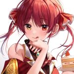  1girl :p bare_shoulders blush cake eyebrows_visible_through_hair food fruit hand_on_own_chin heterochromia highres hololive hololive_english houshou_marine icing looking_at_viewer myowa plate red_eyes redhead solo strawberry strawberry_slice tongue tongue_out two_side_up yellow_eyes 