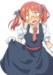  1girl absurdres alternate_costume alternate_hairstyle blue_ribbon blush collared_shirt dress embarrassed enmaided eyebrows_visible_through_hair glasses gloves hair_ribbon highres holding holding_clothes holding_dress kobayashi-san_chi_no_maidragon kobayashi_(maidragon) kobayashi_sun_(artist) looking_at_viewer maid maid_headdress medium_hair necktie open_mouth red_neckwear redhead ribbon shirt short_twintails simple_background solo tied_hair twintails white_background white_gloves white_shirt yellow_eyes 