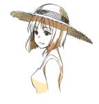  1girl blonde_hair bob_cut breasts brown_eyes copyright_request dress hat medium_breasts parted_lips simple_background smile solo straw_hat tachibana_roku upper_body white_background yellow_dress 