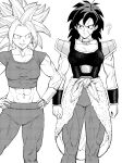  2girls ? abs armor bracer breasts character_request closed_mouth copyright_request dragon_ball earrings greyscale grin hands_on_hips highres jewelry long_hair looking_at_another looking_to_the_side medium_breasts monochrome multiple_girls muscular muscular_female pants pauldrons potara_earrings saiyan_armor sanpaku scar scar_on_cheek scar_on_face shoulder_armor simple_background smile spiky_hair standing super_saiyan waist_cape white_background y_naf 