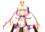  1girl absurdres ahoge armor artoria_pendragon_(caster)_(fate) artoria_pendragon_(fate) bangs blonde_hair bow breastplate breasts cape commentary crown english_commentary fate/grand_order fate_(series) fur-trimmed_cape fur_trim green_eyes hair_bow highres long_hair long_sleeves looking_at_viewer nickfluff simple_background smile solo white_background 