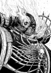  1boy adeptus_astartes armor burning chaos_(warhammer) commentary english_commentary full_armor greyscale highres looking_at_viewer monochrome pauldrons shoulder_armor solo space_marine upper_body warhammer_40k y_naf 