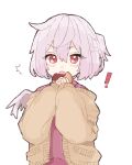  ! 1girl ^^^ aji_(pokedegi) brown_sweater commentary_request doughnut feathered_wings food grey_hair grey_wings hands_up highres holding holding_food kishin_sagume looking_at_viewer open_mouth purple_shirt red_eyes shirt short_hair simple_background single_wing sleeves_past_wrists solo sweater touhou upper_body upper_teeth white_background wings 