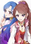  2girls :d absurdres aikatsu!_(series) alternate_hairstyle back-to-back bangs blue_hair blush bow breasts brown_hair crop_top eyebrows_visible_through_hair gradient_hair grey_background hair_bow high_ponytail highres indian_clothes jewelry katsu_(kana) kazesawa_sora long_hair long_sleeves looking_at_viewer looking_back medium_breasts mole mole_under_mouth multicolored_hair multiple_girls navel necklace open_mouth parted_bangs parted_lips ponytail purple_bow red_eyes shibuki_ran sidelocks sitting smile stomach swept_bangs upper_body violet_eyes 