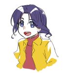 1girl :d copyright_request jacket open_clothes open_jacket open_mouth purple_hair red_sweater round_teeth simple_background smile solo sweater tachibana_roku teeth upper_body upper_teeth violet_eyes white_background yellow_jacket 