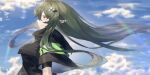  ahoge arknights clouds from_side gavial_(arknights) green_hair hair_ornament highres long_hair ozeu0916 pointy_ears sky yellow_eyes 