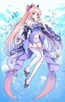  1girl bare_shoulders blue_bow blue_hair bow breasts bubble fish frilled_sleeves frills full_body genshin_impact gloves gradient gradient_hair gradient_legwear half_gloves highres in_water jellyfish jirafuru large_bow long_hair looking_at_viewer medium_breasts multicolored_hair navel pink_hair purple_bow purple_hair purple_legwear sandals sangonomiya_kokomi short_shorts shorts smile solo tailcoat thigh-highs very_long_hair violet_eyes vision_(genshin_impact) water_drop white_legwear white_shorts wide_sleeves 