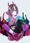  1girl asa_(1asa-0-asa1) bangs black_jacket bob_cut bottle breasts choker eyeliner fate/grand_order fate_(series) gourd headpiece highres horns indian_style jacket licking_lips long_sleeves looking_at_viewer makeup oni oni_horns pants pink_footwear pink_sweater purple_hair purple_pants sake_bottle shoes short_hair shuten_douji_(fate) sitting skin-covered_horns small_breasts smile sneakers solo sweater tongue tongue_out under_the_same_sky violet_eyes yoga_pants 