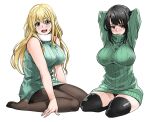  2girls :d atago_(kancolle) bare_shoulders black_hair black_legwear black_panties blonde_hair blush breasts brown_legwear closed_mouth covered_nipples embarrassed green_eyes green_sweater hands_up kantai_collection large_breasts long_hair looking_at_viewer medium_hair multiple_girls open_mouth panties pantyhose pantyshot red_eyes ribbed_sweater siblings simple_background sisters sitting sleeveless sleeveless_sweater smile sweater tachibana_roku takao_(kancolle) thigh-highs thigh_gap underwear white_background 