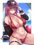  1girl arrow_through_heart ball bangs baseball_cap beach beachball bikini black_jacket blush breasts earrings eyebrows_visible_through_hair eyewear_on_headwear groin hand_on_headwear hat heart heart-shaped_eyewear heart_earrings heart_necklace heterochromia highres hololive houshou_marine jacket jewelry large_breasts long_hair moisture_(chichi) navel off_shoulder official_alternate_costume red_eyes redhead sand sitting solo straight_hair sunglasses swimsuit symbol-only_commentary thigh_strap virtual_youtuber water wet yellow_eyes 