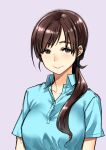  1girl blue_shirt brown_eyes brown_hair closed_mouth collared_shirt grey_background hair_over_shoulder highres idolmaster idolmaster_cinderella_girls long_hair looking_at_viewer nitta_minami ponytail shirt short_sleeves simple_background smile solo tachibana_roku upper_body wing_collar 