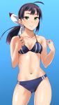  1girl alternate_costume bikini blue_background blue_bikini breasts chirashi_(so) cowboy_shot fujinami_(kancolle) hair_ribbon highres kantai_collection long_hair navel purple_hair ribbon side_ponytail small_breasts solo swimsuit white_ribbon yellow_eyes 