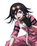  absurdres artist_name bangs barbed_wire black_choker black_gloves black_hair choker cosplay danganronpa_(series) danganronpa_v3:_killing_harmony fang fingerless_gloves gloves goggles goggles_on_head highres iruma_miu iruma_miu_(cosplay) jewelry looking_at_viewer male_focus medium_hair multicolored_hair okuta_(hinaeoruu) open_mouth ouma_kokichi pants pink_pants pink_shirt purple_eyes purple_hair shirt simple_background solo teeth tongue tongue_out twitter_username two-tone_hair white_background 