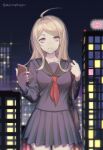  1girl ahoge akamatsu_kaede bag bangs blonde_hair blurry blurry_background breasts cellphone city closed_mouth collarbone commentary_request cowboy_shot dangan_ronpa_(series) dangan_ronpa_v3:_killing_harmony ewa_(seraphhuiyu) expressionless hair_ornament hairclip hand_up highres holding holding_phone long_hair long_sleeves looking_at_viewer medium_breasts miniskirt musical_note_hair_ornament neckerchief night official_alternate_costume outdoors phone pleated_skirt purple_skirt sailor_collar school_bag school_uniform serafuku shirt shoulder_bag skirt smartphone solo standing swept_bangs violet_eyes 