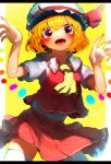  1girl :d absurdres ascot blonde_hair cowboy_shot fangs flandre_scarlet hands_up hat hat_ornament highres huge_filesize looking_at_viewer medium_hair niwarhythm open_mouth pleated_skirt red_eyes red_skirt red_vest sanpaku shirt skin_fangs skirt smile solo standing thigh-highs touhou vest white_headwear white_legwear white_shirt yellow_neckwear 