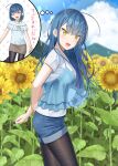  1girl :d ahoge arms_behind_back before_and_after black_legwear blue_camisole blue_hair blue_shorts blurry blurry_background braid breasts brown_eyes brown_skirt camisole camisole_over_clothes commentary_request day depth_of_field field flower flower_field frilled_shirt frills gurande_(g-size) hair_ribbon highres legwear_under_shorts long_hair medium_breasts mountain multicolored multicolored_polka_dots multiple_views open_mouth original outdoors pantyhose polka_dot polka_dot_background ribbon shirt short_shorts short_sleeves shorts single_braid skirt smile sunflower translation_request very_long_hair white_shirt yellow_flower yellow_ribbon 