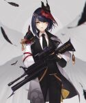 1girl absurdres alternate_costume armor assault_rifle bangs black_feathers black_gloves black_hair black_pants blurry coat commentary_request contemporary depth_of_field eyebrows_visible_through_hair formal genshin_impact gloves gun highres holding holding_gun holding_weapon huge_filesize juffles kujou_sara long_sleeves looking_at_viewer mask mask_on_head necktie pants parted_lips rifle short_hair shotgun shoulder_armor sidelocks solo suit tengu_mask trigger_discipline weapon white_background white_coat yellow_eyes 