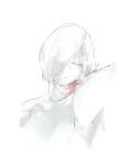  1girl alternate_hair_color bangs closed_eyes closed_mouth collarbone commentary_request facing_viewer hair_over_one_eye kirishima_touka leaning_to_the_side monochrome pale_skin sanoi_(giraffe) short_hair simple_background smile solo tokyo_ghoul tokyo_ghoul:re white_background white_hair 