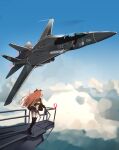  absurdres ace_combat ace_combat_5 ace_combat_7 aircraft airplane animal_ears black_legwear blue_sky brown_hair brown_shirt clouds commentary crop_top day english_commentary fighter_jet gar32 green_jacket highres horse_ears jacket jet long_hair long_sleeves looking_away looking_to_the_side mayano_top_gun_(umamusume) midriff military military_vehicle open_clothes open_jacket outdoors rotating_light shirt short_shorts shorts sky standing star_(symbol) thigh-highs umamusume vehicle_request very_long_hair white_shorts 