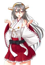  1girl black_hair cowboy_shot detached_sleeves hair_ornament hairband hairclip haruna_(kancolle) headgear japanese_clothes kantai_collection long_hair mayura2002 red_skirt ribbon-trimmed_sleeves ribbon_trim simple_background skirt solo white_background 