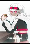  1girl :t absurdres black_jacket black_shorts blush burger character_name closed_mouth eating food from_side goggles goggles_on_head hair_between_eyes highres jacket letterboxed long_sleeves looking_at_viewer looking_to_the_side niwamaru_(niwarhythm) niwarhythm open_clothes open_jacket original pink_eyes short_shorts shorts simple_background sitting solo white_background white_hair 