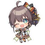  1girl :d ahoge bangs black_ribbon blue_eyes blush bow brown_hair cat_hair_ornament chibi eyebrows_visible_through_hair hair_between_eyes hair_ornament hair_ribbon hololive hololive_idol_uniform natsuiro_matsuri nitumaruta official_alternate_costume one_eye_closed open_mouth orange_bow orange_legwear orange_neckwear pleated_skirt ribbon short_hair side_ponytail simple_background skirt sleeveless smile solo thigh-highs transparent_background virtual_youtuber waving white_bow wrist_cuffs yellow_ribbon 