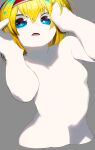  1girl absurdres alice_margatroid blonde_hair blue_eyes breasts colored_skin completely_nude cropped_torso grey_background hairband hands_on_own_face highres looking_at_viewer multicolored_hair niwarhythm no_nipples nude open_mouth red_hairband simple_background small_breasts solo streaked_hair touhou upper_body white_skin 