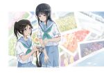  2girls :o bangs black_hair blue_eyes blue_hair blue_sailor_collar blue_skirt blush camera closed_mouth green_neckwear hand_up hibike!_euphonium highres holding holding_camera kasaki_nozomi kitauji_high_school_uniform liz_to_aoi_tori long_hair looking_at_another multiple_girls neckerchief open_mouth pleated_skirt ponytail red_eyes sailor_collar school_uniform serafuku sitting skirt smile standing tree_bowbow yoroizuka_mizore 