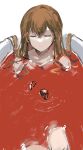  1girl bathing bathtub closed_eyes closed_mouth commentary_request hair_ornament_removed highres interface_headset lcl long_hair nanaponi neon_genesis_evangelion nude orange_hair partially_submerged simple_background smile solo souryuu_asuka_langley white_background 