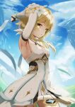  1girl :o absurdres arm_up armpits arms_behind_head aton_(user_kufr5245) bangs blonde_hair blue_sky breasts clouds cloudy_sky dress flower gauntlets genshin_impact hair_between_eyes hair_flower hair_ornament highres long_hair looking_at_viewer lumine_(genshin_impact) open_mouth outdoors sideboob sky sleeveless sleeveless_dress small_breasts solo white_dress white_flower white_sleeves yellow_eyes 