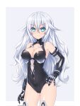  1girl bare_shoulders black_gloves black_heart black_legwear black_leotard blue_eyes breasts covered_navel elbow_gloves eyebrows_visible_through_hair gloves grey_hair hair_between_eyes hair_ornament highres kazuneko_(wktk1024) leotard long_hair medium_breasts neptune_(series) power_symbol smile solo symbol-shaped_pupils 