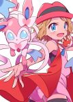 1girl black_legwear blonde_hair blue_eyes chida_daisuke hat long_hair looking_at_viewer open_mouth poke_ball poke_ball_(basic) pokemon pokemon_(anime) pokemon_(creature) pokemon_xy_(anime) serena_(pokemon) short_hair simple_background skirt sleeveless smile sylveon thigh-highs