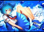  1girl absurdres blue_eyes blue_hair blue_skirt bow character_name cirno closed_mouth collared_shirt from_side hair_bow highres huge_filesize letterboxed looking_at_viewer looking_to_the_side lying medium_hair necktie niwarhythm red_neckwear sanpaku shirt skirt smile solo touhou white_bow white_shirt wing_collar 