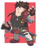  1boy belt_buckle big_belly black_eyes black_gloves boots border brown_hair buckle cosplay double_chin drogo_doggo english_commentary family_guy fat fat_man fewer_digits fingerless_gloves full_body gloves grin guilty_gear guilty_gear_strive headband highres holding holding_sword holding_weapon junkyard_dog_mk_iii long_hair looking_at_viewer male_focus pants peter_griffin ponytail pun red_background red_footwear red_headband red_vest reverse_grip signature smile sol_badguy sol_badguy_(cosplay) solo sword vest weapon white_border zipper_pull_tab 