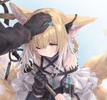  1girl 1other animal_ear_fluff animal_ears arknights bangs bare_shoulders black_gloves blonde_hair blue_background blue_hairband blush braid closed_mouth doctor_(arknights) fox_ears fox_girl fox_tail gloves green_eyes hair_between_eyes hairband highres holding holding_staff io_(io_oekaki) long_hair long_sleeves multicolored_hair multiple_tails one_eye_closed smile staff suzuran_(arknights) tail white_hair 