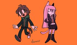  1boy 1girl :d ade_(aranansi) ahoge animal_ears artist_name bangs black_footwear black_gloves black_jacket black_skirt blunt_bangs brown_hair cat_ears cat_tail commentary crossover dangan_ronpa:_trigger_happy_havoc dangan_ronpa_(series) dog_ears dog_tail english_commentary fang full_body furry glasses gloves green_eyes green_hoodie hair_ribbon hand_on_hip highres hood hood_down hoodie jacket kirigiri_kyouko long_hair naegi_makoto necktie open_clothes open_jacket open_mouth orange_background pink_hair pleated_skirt ribbon school_uniform short_hair simple_background skirt smile sonic_(series) tail 