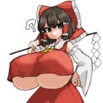  1girl ? @_@ ascot bangs bare_shoulders black_eyes black_hair blush bow breasts closed_mouth commentary_request cowboy_shot detached_sleeves expressionless eyebrows_visible_through_hair frilled_bow frilled_hair_tubes frills gohei hair_bow hair_tubes hakurei_reimu hand_on_hip hand_up highres holding holding_stick huge_breasts long_sleeves looking_at_viewer red_bow red_skirt red_vest short_hair simple_background skirt solo stick touhou under_boob vest white_background yellow_neckwear zakozako_y 