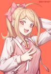  1girl :d ahoge akamatsu_kaede arm_up artist_name backpack bag bangs blonde_hair bow collared_shirt commentary_request dangan_ronpa_(series) dangan_ronpa_v3:_killing_harmony ewa_(seraphhuiyu) hair_bow hair_ornament hair_ribbon highres long_hair long_sleeves looking_at_viewer musical_note musical_note_hair_ornament necktie open_mouth pink_eyes pink_sweater_vest red_background ribbon shirt signature simple_background smile solo sweater_vest upper_body v 