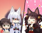  +++ 3girls :d akagi-chan_(azur_lane) akagi_(azur_lane) animal_ears artist_logo artist_name azur_lane bare_shoulders blue_eyes blush brown_eyes brown_hair closed_eyes crossover detached_sleeves eyebrows_visible_through_hair fox_ears fox_tail hair_between_eyes japanese_clothes kaga_(azur_lane) kaga_(kancolle) kantai_collection long_hair multiple_girls multiple_tails namesake open_mouth shaded_face short_hair side_ponytail smile sparkle tail taisa_(kari) tasuki white_hair wide_sleeves 