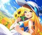  1girl :d absurdres alternate_costume bangs bare_shoulders blonde_hair blue_bow blurry blurry_background blush bow breasts clouds commentary_request crossed_bangs depth_of_field dress dutch_angle field flower flower_field hair_between_eyes hair_ribbon hat hat_bow highres holding holding_flower kirisame_marisa lens_flare long_hair looking_at_viewer medium_breasts mountain open_mouth outdoors ribbon sidelocks sky smile solo sun_hat sunflower touhou tress_ribbon very_long_hair white_dress white_headwear yellow_eyes yellow_flower yuujin_(yuzinn333) 