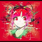  1girl :3 absurdres bangs blunt_bangs closed_mouth copyright_request glitch highres letterboxed looking_at_viewer niwarhythm portrait red_background red_eyes redhead smile solo 