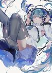  1girl absurdres blue_eyes blue_hair boots breasts detached_sleeves hair_between_eyes hatsune_miku headphones high_heel_boots high_heels highres iatear long_hair looking_at_viewer skirt small_breasts solo thigh-highs thigh_boots twintails very_long_hair vocaloid 