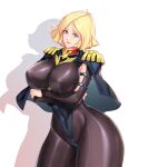  1girl arms_under_breasts blonde_hair blue_eyes bodysuit breasts capelet crossed_arms dark_night_(darkotl) epaulettes gundam highres large_breasts leotard looking_at_viewer mobile_suit_gundam sayla_mass shadow short_hair simple_background skin_tight solo thick_thighs thighs upper_body white_background 