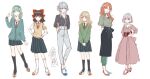  6+girls alternate_costume arms_behind_back black_legwear blonde_hair blue_eyes brown_hair closed_eyes green_eyes green_hair grey_hair hakurei_reimu hand_on_hip hands_on_hips hong_meiling izayoi_sakuya kirisame_marisa kneehighs kochiya_sanae long_hair medium_hair miniskirt multiple_girls one_eye_closed orange_hair pants pink_footwear pleated_skirt red_eyes red_footwear red_neckwear remilia_scarlet shirt short_hair silver_hair skirt smile socks souta_(karasu_no_ouchi) standing standing_on_one_leg sweater touhou v_arms white_background white_legwear white_shirt yellow_eyes 