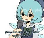  04119_snail 1girl :3 blue_bow blue_eyes blue_hair blue_vest blush bow bowtie cirno dot_nose green_neckwear hair_bow highres holding holding_microphone ice ice_wings interview meme microphone open_mouth simple_background solo_focus subtitled sweatdrop touhou vest white_background wings 