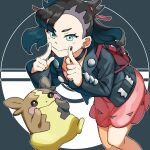  1girl asymmetrical_bangs backpack bag bangs black_choker black_hair black_jacket black_nails blush_stickers choker commentary_request dress earrings fingersmile gen_8_pokemon green_eyes hair_ribbon hands_up highres imitating jacket jewelry komame_(st_beans) marnie_(pokemon) morpeko morpeko_(full) nail_polish open_clothes open_jacket pink_dress pokemon pokemon_(creature) pokemon_(game) pokemon_swsh red_bag red_ribbon ribbon 