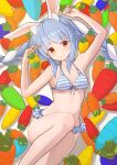  1girl absurdres animal_ear_fluff animal_ears armpits arms_up bangs bikini blue_bikini blue_hair braid breasts carrot closed_mouth commentary curled_fingers eyebrows_visible_through_hair frilled_bikini frills front-tie_bikini front-tie_top halterneck head_tilt highres hikimayu hololive itou_kazuki knee_up light_blush long_hair looking_at_viewer lying multicolored_hair navel on_back orange_eyes polka_dot polka_dot_background rabbit_ears rabbit_girl short_eyebrows sidelocks small_breasts smile solo striped striped_bikini swimsuit thick_eyebrows twin_braids two-tone_hair under_boob usada_pekora virtual_youtuber white_bikini white_hair 