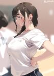  1girl black_hair blue_eyes braid braided_ponytail commentary_request hand_on_hip jonsun long_hair looking_away mole mole_under_eye original shirt short_sleeves t-shirt tamami_(jonsun) twitter_username 