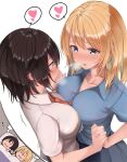  2girls black_hair blonde_hair blue_shirt breast_press breasts closed_eyes commentary_request dreaming eye_contact eyebrows_visible_through_hair fumei_(mugendai) heart highres holding_hands interlocked_fingers large_breasts looking_at_another maribel_hearn multiple_girls necktie open_mouth red_neckwear shirt short_hair simple_background sleeping spoken_heart symmetrical_docking touhou usami_renko violet_eyes white_background white_shirt yuri 